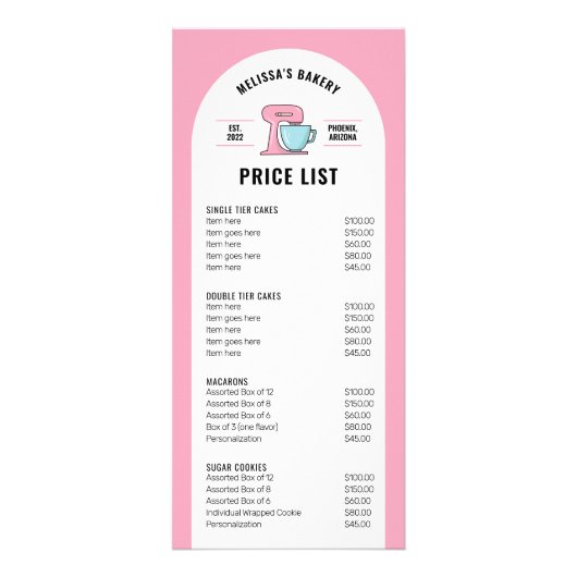 トレンディーレトロガーリーピンクデザートベーカリー価格表 ラックカード (正面)