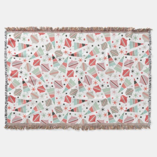 トレンディーレトロクリスマスツリーとオーナメントパターン スローブランケット (正面)