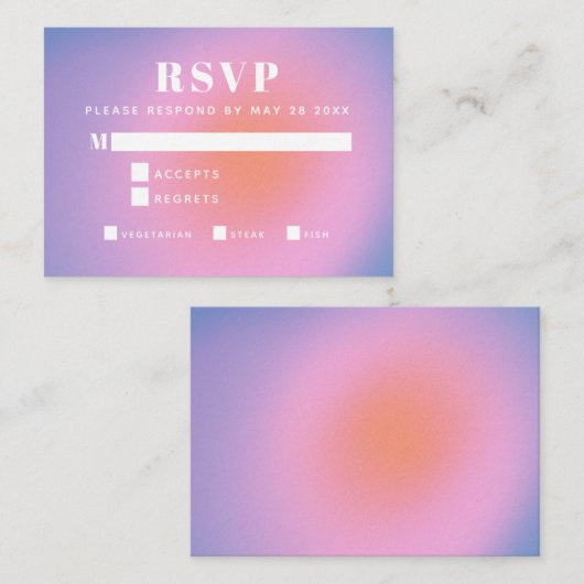 トレンディーレトログラデーションピンクと紫色の食事RSVP エンクロージャーカード (正面/裏面)