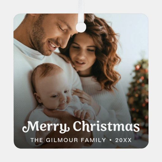 トレンディーレトロタイポグラフィファミリーフォトクリスマス メタルオーナメント (正面)