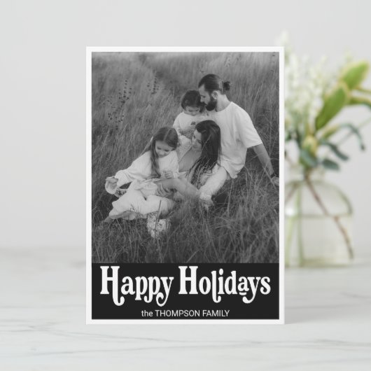 トレンディーレトロタイポグラフィブラックフォトハッピー シーズンカード (スタンド正面)
