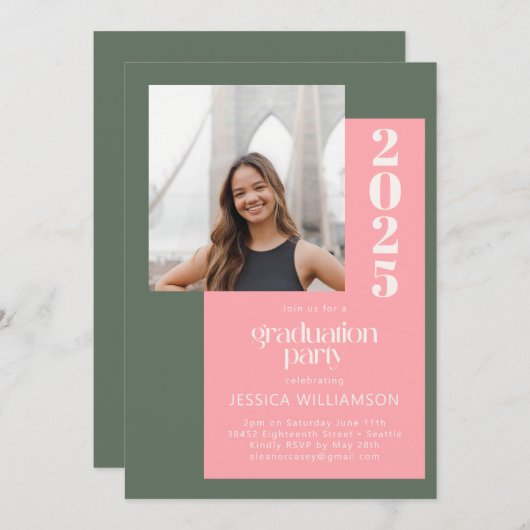 トレンディーレトロピンクグリーン写真卒業パーティー 招待状 (正面/裏面)