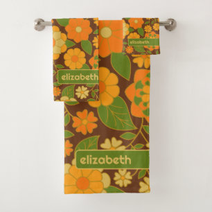 トレンディーレトロフローラルパターン名前をカスタムするブロック バスタオルセット