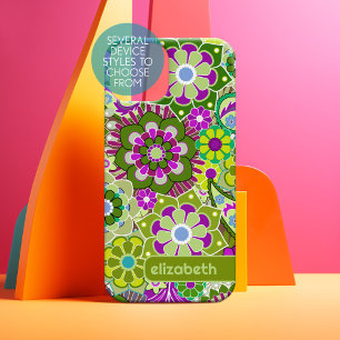 トレンディーレトロフローラルパターン名前をカスタムするブロック iPhone 15ケース