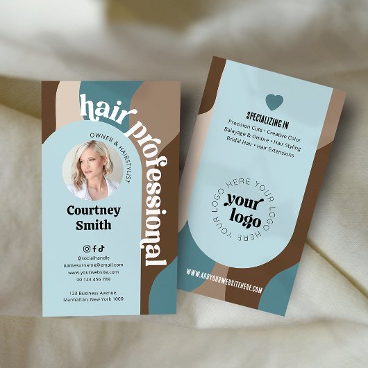 トレンディーレトロブルー&トープ美容師サロン写真 名刺