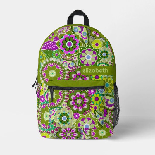 トレンディーレトロ花の模様（銘柄付き） プリントバックパック (正面)