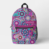 トレンディーレトロ花の模様(銘柄付き) プリントバックパック (正面)