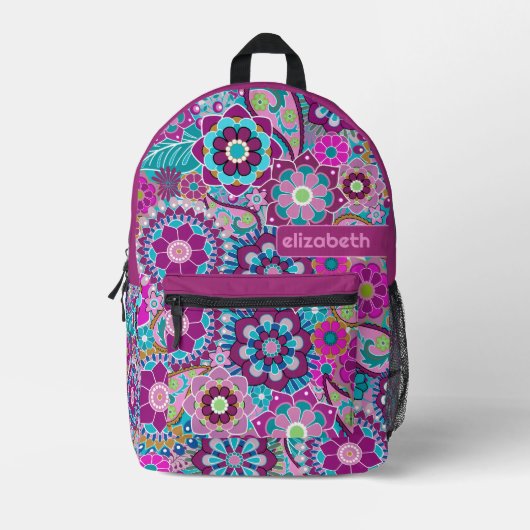 トレンディーレトロ花の模様（銘柄付き） プリントバックパック (正面)