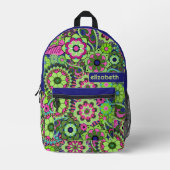 トレンディーレトロ花の模様（銘柄付き） プリントバックパック (正面)