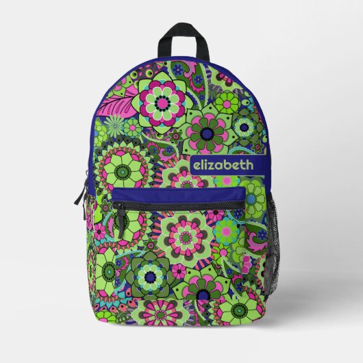 トレンディーレトロ花の模様（銘柄付き） プリントバックパック (正面)