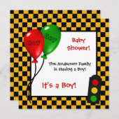 トレンディーレースカーチェッカーボーイベビーシャワー 招待状 (正面/裏面)
