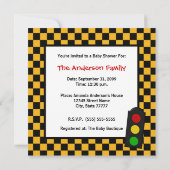 トレンディーレースカーチェッカーボーイベビーシャワー 招待状 (裏面)