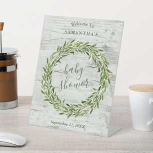 トレンディーローレルリースグリーナリーベビーシャワーウェルカム 台座サイン