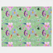 トレンディーワイルドフラワーパターン緑の装飾 フリースブランケット (正面(横))