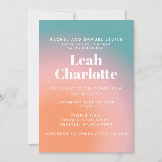 トレンディーヴィンテージ勾配ティール(緑がかった色)ピンクバルミツワー 招待状 (正面)