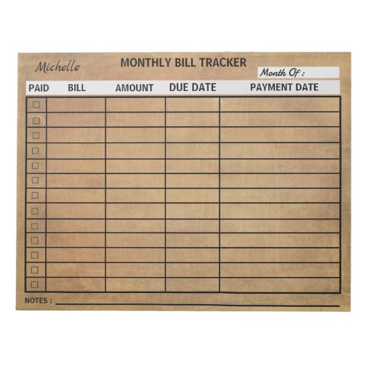 トレンディーヴィンテージ毎月Bill Trackerメモ帳カスタム ノートパッド (正面)