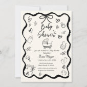 トレンディー予測できな波手引き弓ベビーシャワー 招待状 (正面)