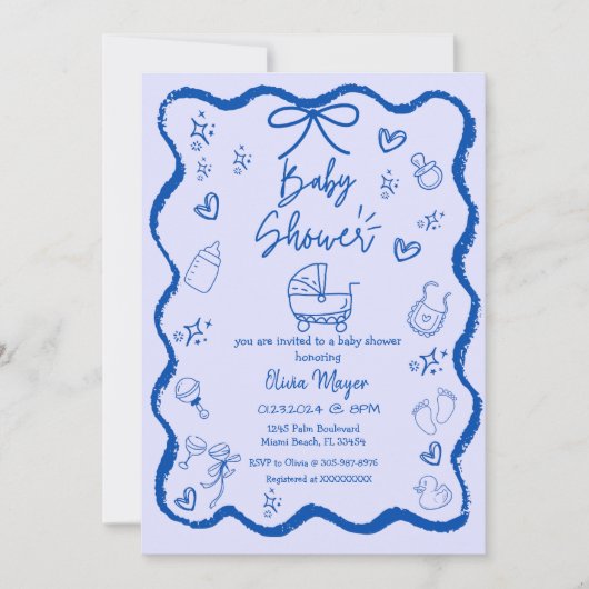 トレンディー予測できな波手引き弓ベビーシャワー 招待状 (正面)