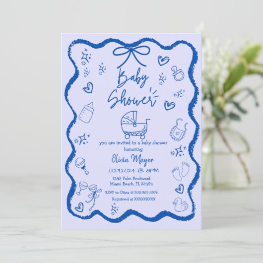 トレンディー予測できな波手引き弓ベビーシャワー 招待状 (スタンド正面)