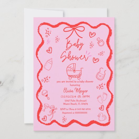 トレンディー予測できな波手引き弓ベビーシャワー 招待状 (正面)