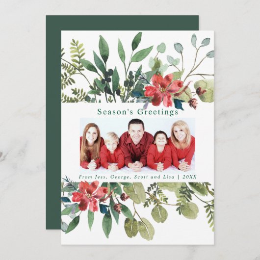 トレンディー写真冬の緑と赤い花 シーズンカード (正面/裏面)