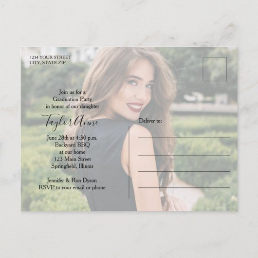 トレンディー写真卒業パーティー招待状 ポストカード (裏面)