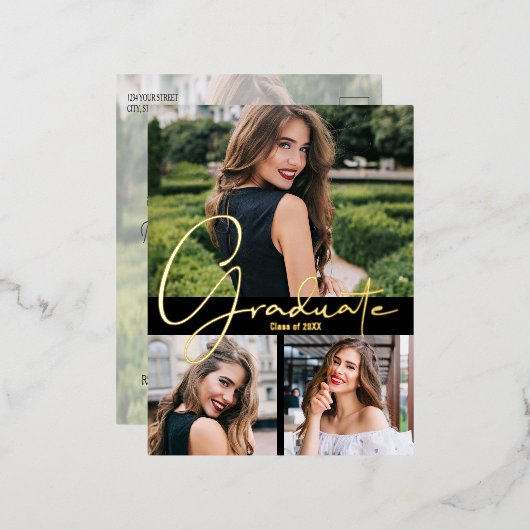 トレンディー写真卒業パーティー 箔招待状ポストカード (正面/裏面)