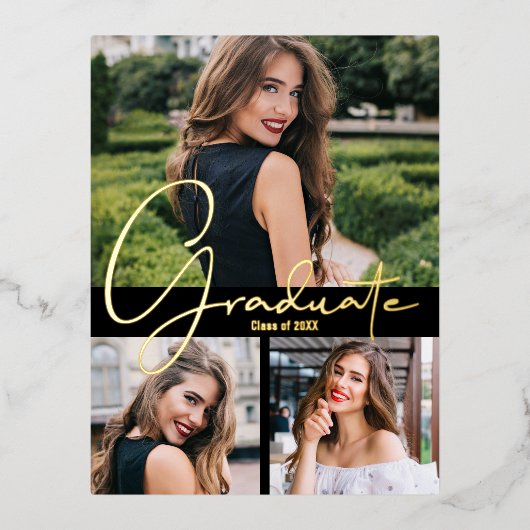トレンディー写真卒業パーティー 箔招待状ポストカード (正面)