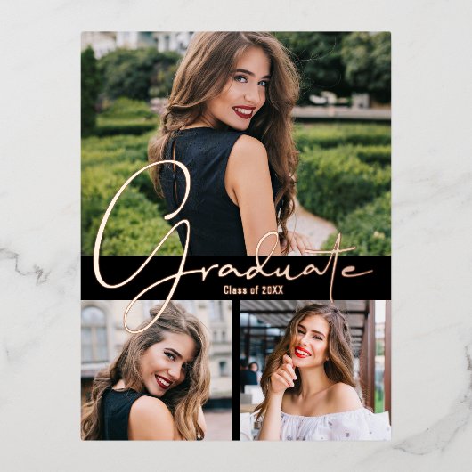 トレンディー写真卒業パーティー 箔招待状ポストカード (正面)