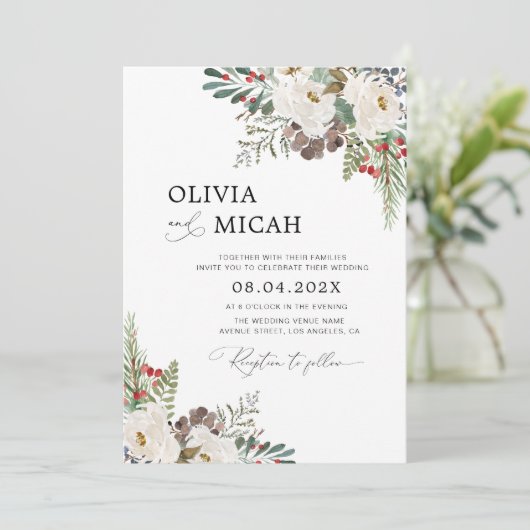 トレンディー冬のクリスマスフローラ結婚式招待状 招待状 (スタンド正面)