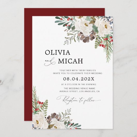 トレンディー冬のクリスマスフローラ結婚式招待状 招待状 (正面/裏面)