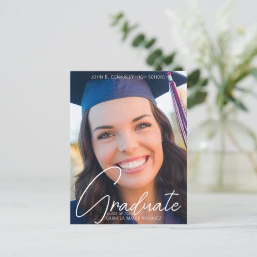 トレンディー卒業写真ホワイトスクリプトオーバーレイ ポストカード (スタンド正面)