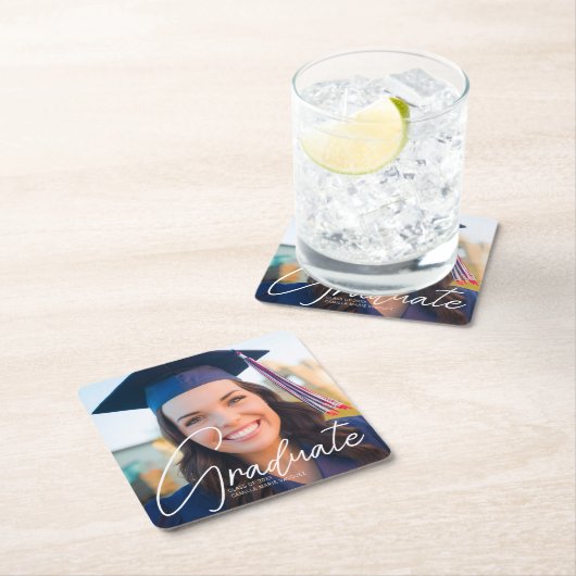 トレンディー卒業写真ホワイトスクリプトパーティー スクエアペーパーコースター (インサイチュ)