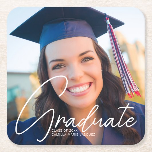 トレンディー卒業写真ホワイトスクリプトパーティー スクエアペーパーコースター (正面)