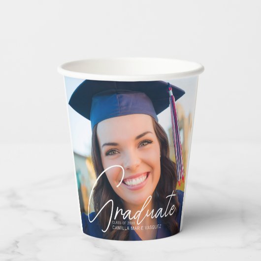 トレンディー卒業写真ホワイトスクリプトパーティー 紙コップ (裏面)