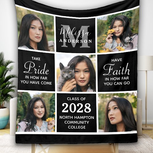 トレンディー卒業生5フォトコラージュ黒卒業 フリースブランケット