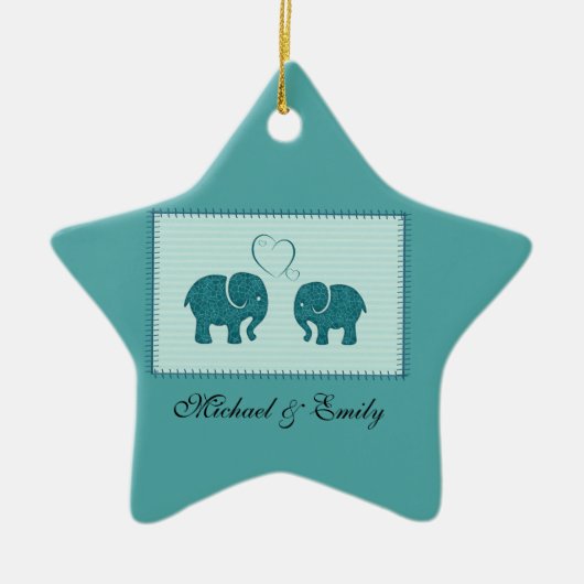 トレンディー可愛いロマンチックな象の愛のパッチワーク セラミックオーナメント (正面)