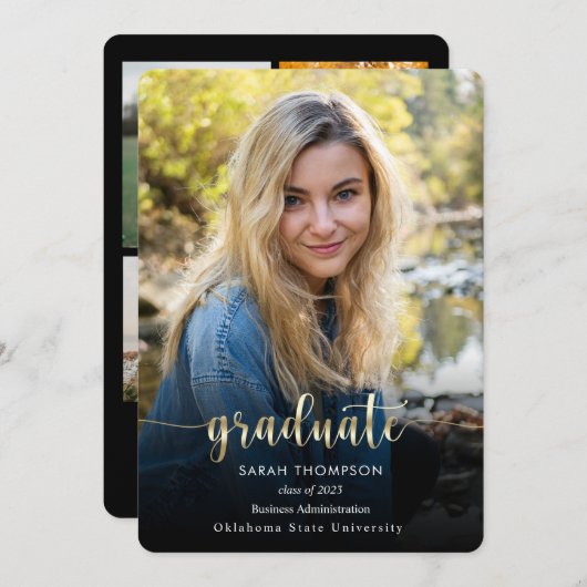 トレンディー台本黒金ゴールド写真校卒業 案内状 (正面/裏面)