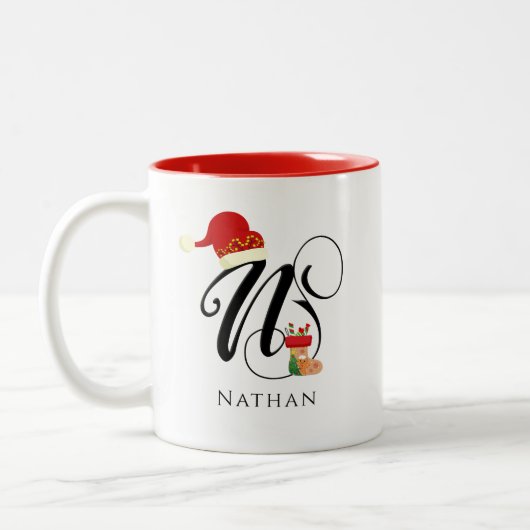 トレンディー名モダンイニシャルレターNウィンターホリデー ツートーンマグカップ (左)