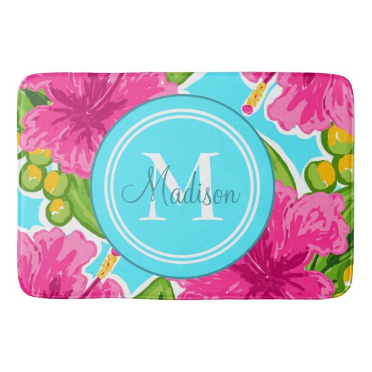 トレンディー名門私立校風のスタイルハイビスカスモノグラム名 バスマット (正面)