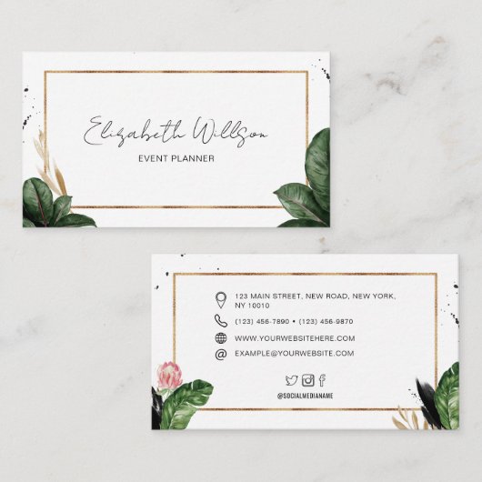 トレンディー夏の熱帯葉金ゴールドグリッターフレーム 名刺 (正面/裏面)