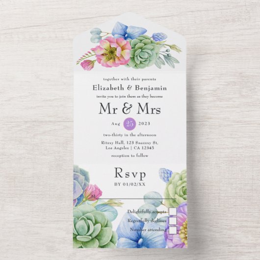 トレンディー多肉性の熱帯結婚フローラ オールインワン招待状 (内側)