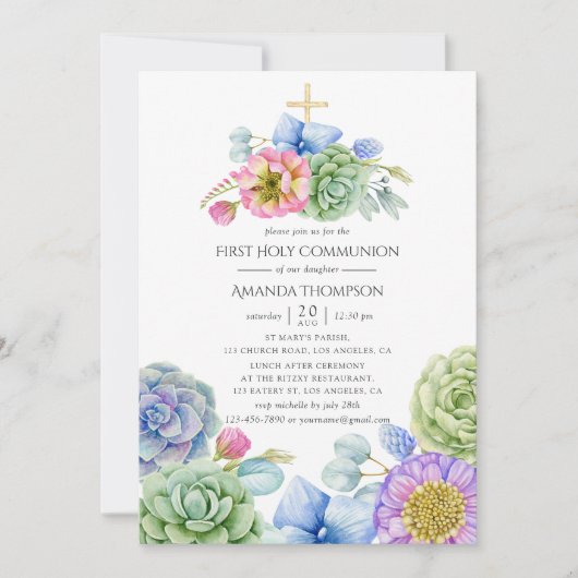 トレンディー多肉性フローラファーストホーリーコミュニオン 招待状 (正面)