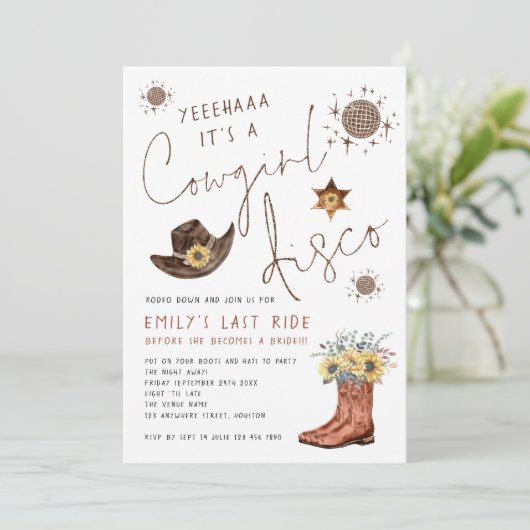 トレンディー女性のカーボーイディスコグリッターバチェロレッテ 招待状 (スタンド正面)