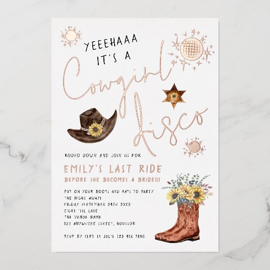 トレンディー女性のカーボーイディスコバチェロレッテ実在 箔招待状 (正面)