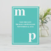 トレンディー小文字モノグラムターコイズ日付の保存 招待状 (スタンド正面)