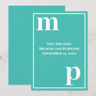 トレンディー小文字モノグラムターコイズ日付の保存 招待状