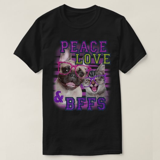 トレンディー平和の愛とBFFSの猫と犬 Tシャツ (デザイン正面)
