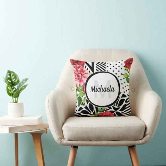 トレンディー幾何ストライプ型パターンレッドフォーラルモノグラム クッション (椅子)