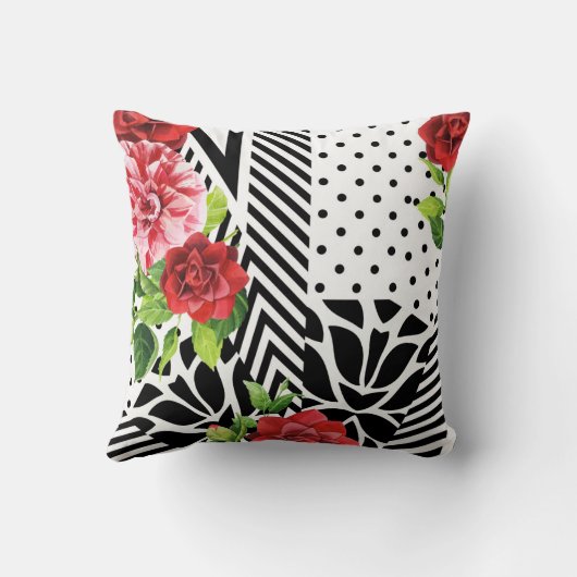 トレンディー幾何ストライプ型パターンレッドフォーラルモノグラム クッション (裏面)